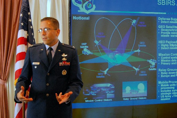 Col. Planeaux discusses the future of space-based infrared surveillance at the chapter's luncheon in May.